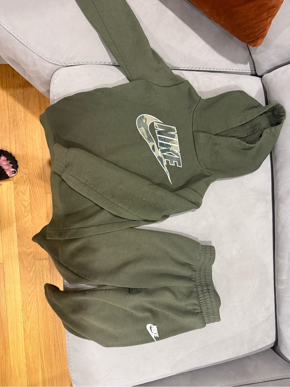 Nike Kids Olive Green Hoodie & Joggers Set with Camo Swoosh